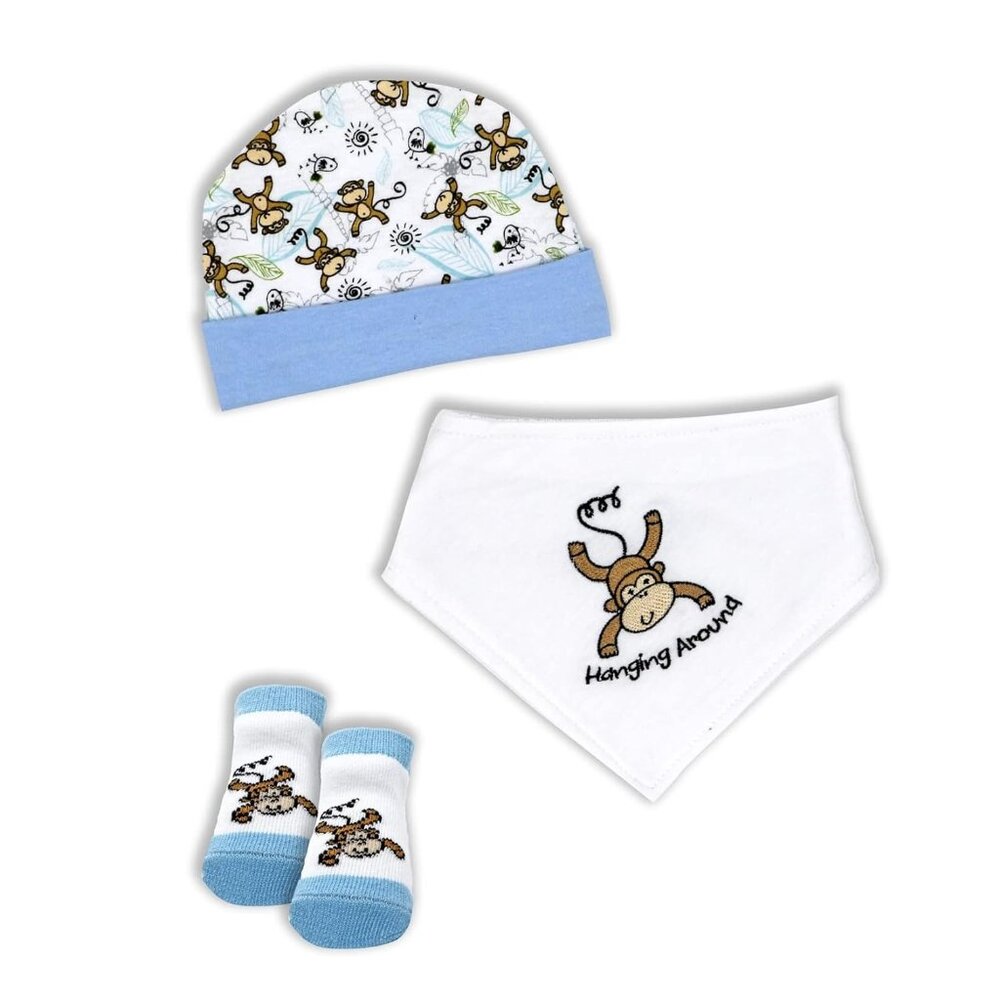Baby Mode Blue Monkey Beanie, Bib and Socks Set, 3 Pieces - 0-6 Mos
